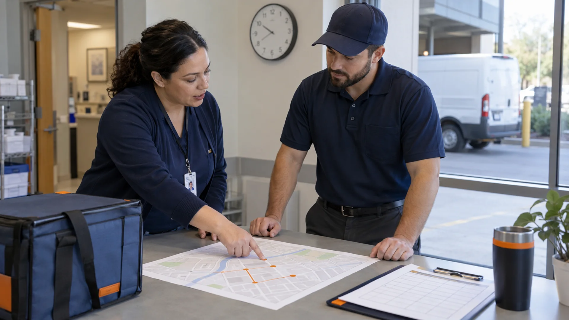 Transport coordinator and stationary courier reviewing a local-route sketch and receiving schedule near a parked cargo van.