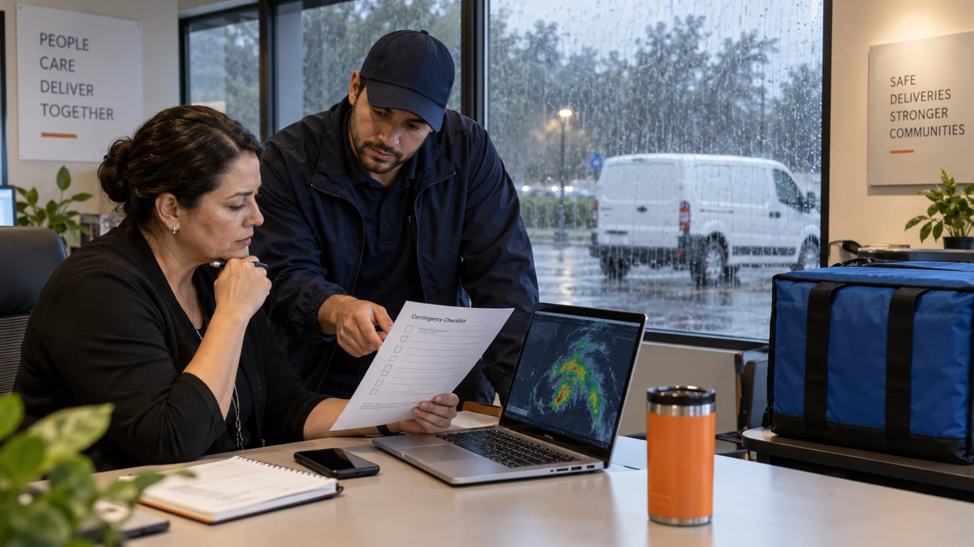 Dispatch coordinator and courier reviewing a contingency checklist indoors while rain falls outside beside a parked cargo van.