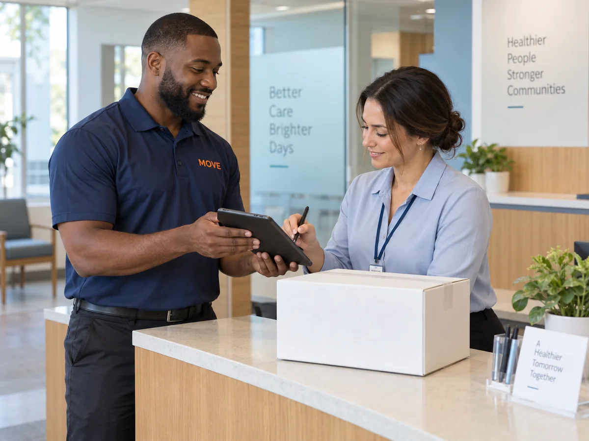Clinic receiving coordinator confirming receipt on a MOVE courier’s tablet beside a delivered transport carton