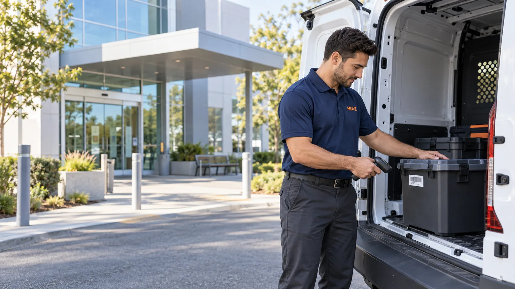 MOVE courier verifying a sealed medical transport tote before loading it into a compact cargo van outside a clinic