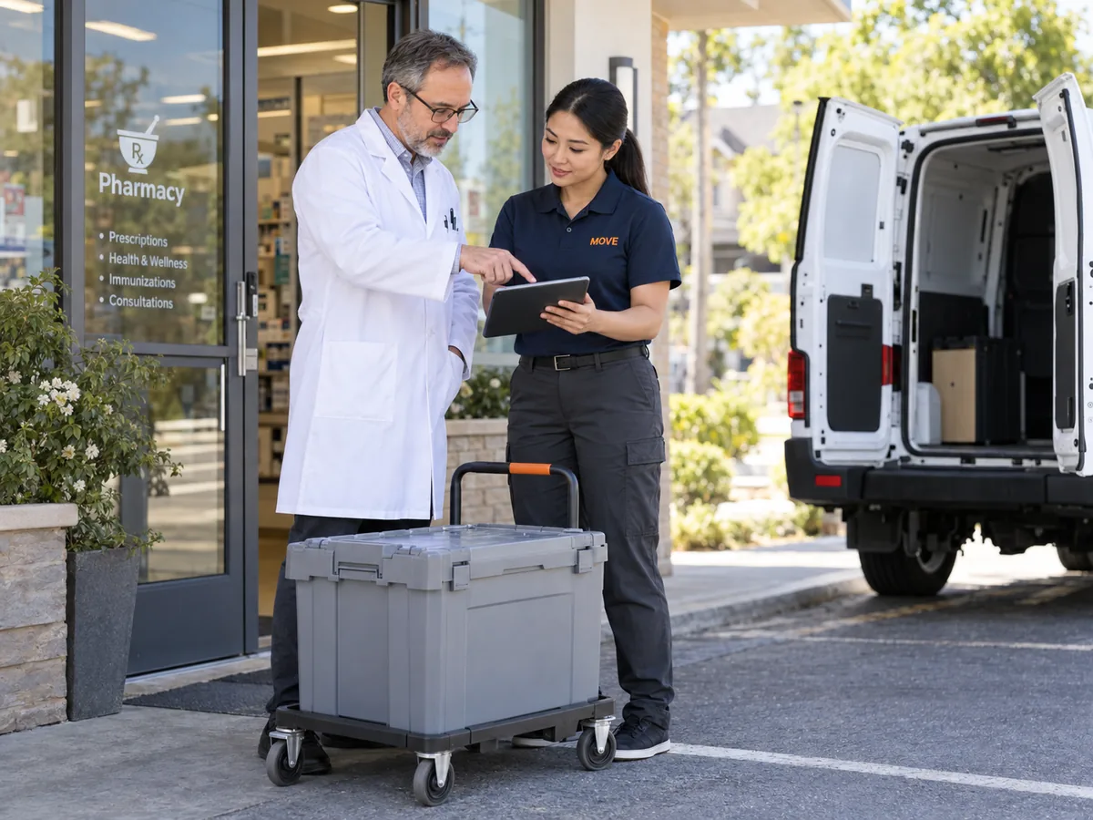MOVE courier reviewing pickup instructions with a pharmacist beside a sealed transport tote and compact cargo van