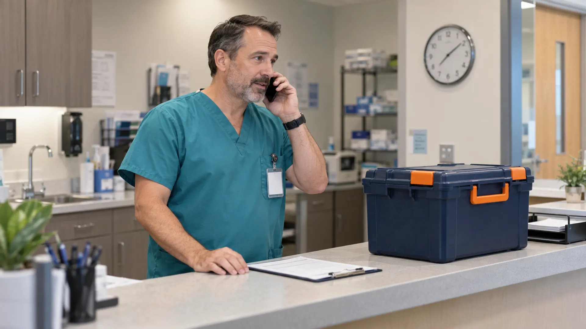 Illustrative clinic staff member communicating a preparation delay by phone while a closed transport tote remains at the pickup counter