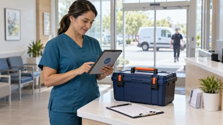 Illustrative clinic coordinator confirming pickup readiness on a tablet beside a closed laboratory transport tote