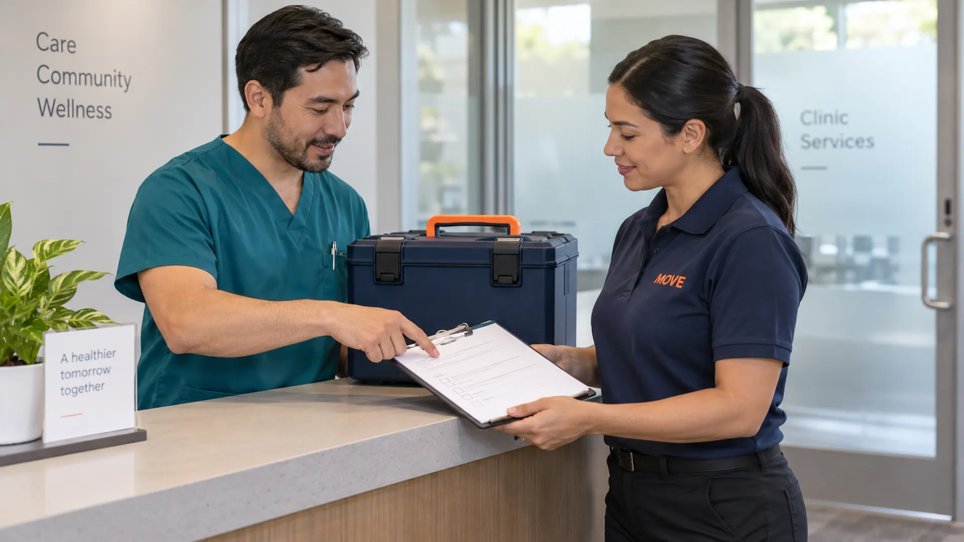 Illustrative MOVE courier and clinic staff member reviewing a release checklist beside a closed laboratory transport tote