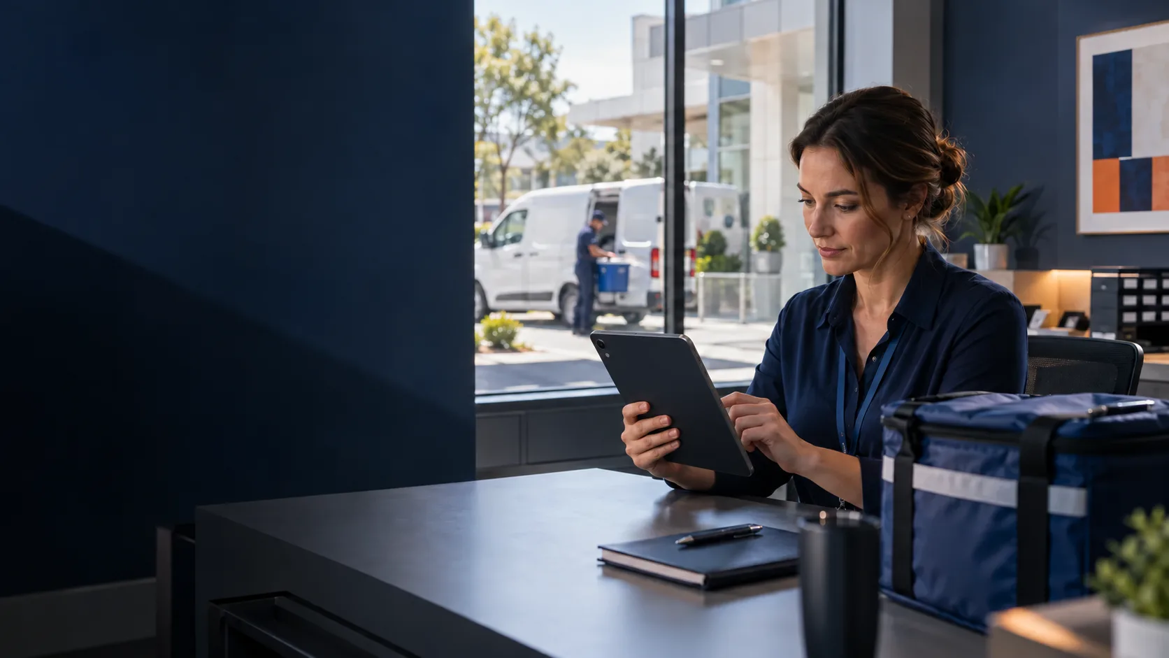 Healthcare coordinator using a tablet with its display facing her while a courier prepares a transport tote beside a van outside