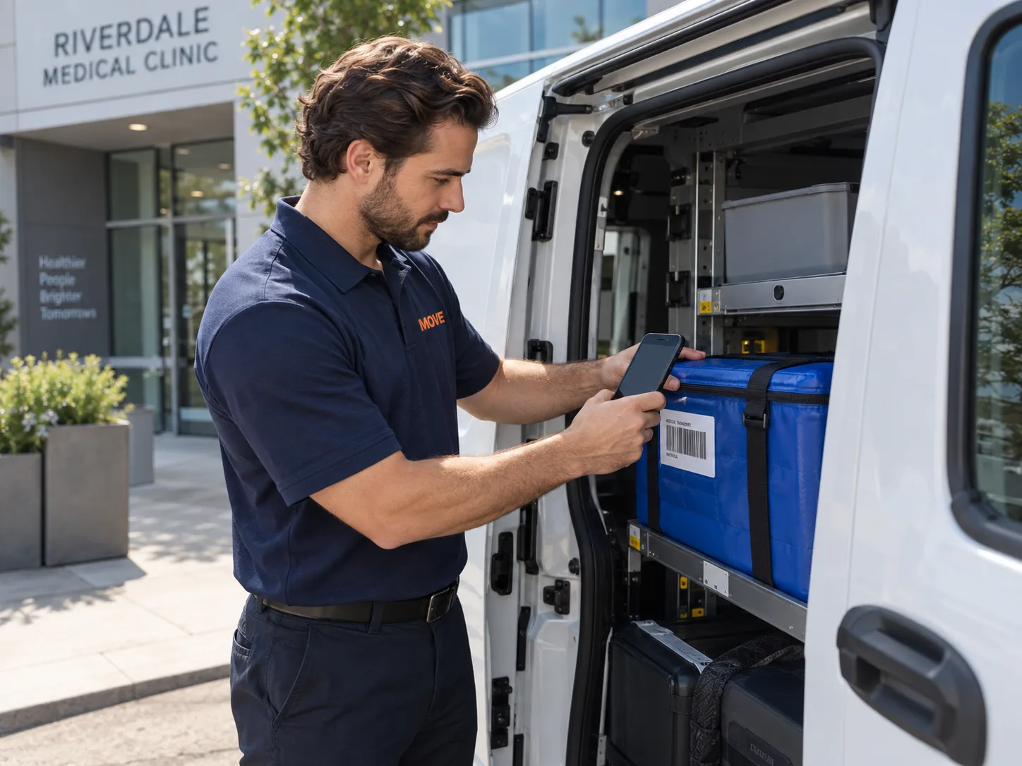 Stationary MOVE courier scanning a shipment barcode on a closed transport tote beside the open door of a cargo van