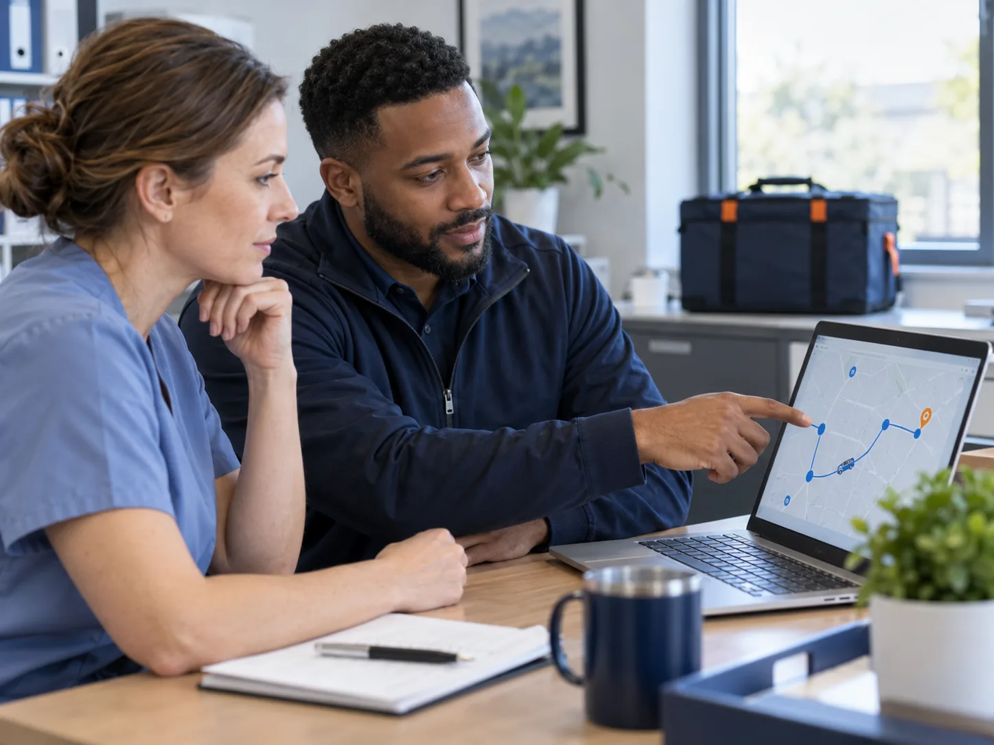 Healthcare administrator and logistics specialist reviewing an anonymous delivery route on a laptop in a private operations office