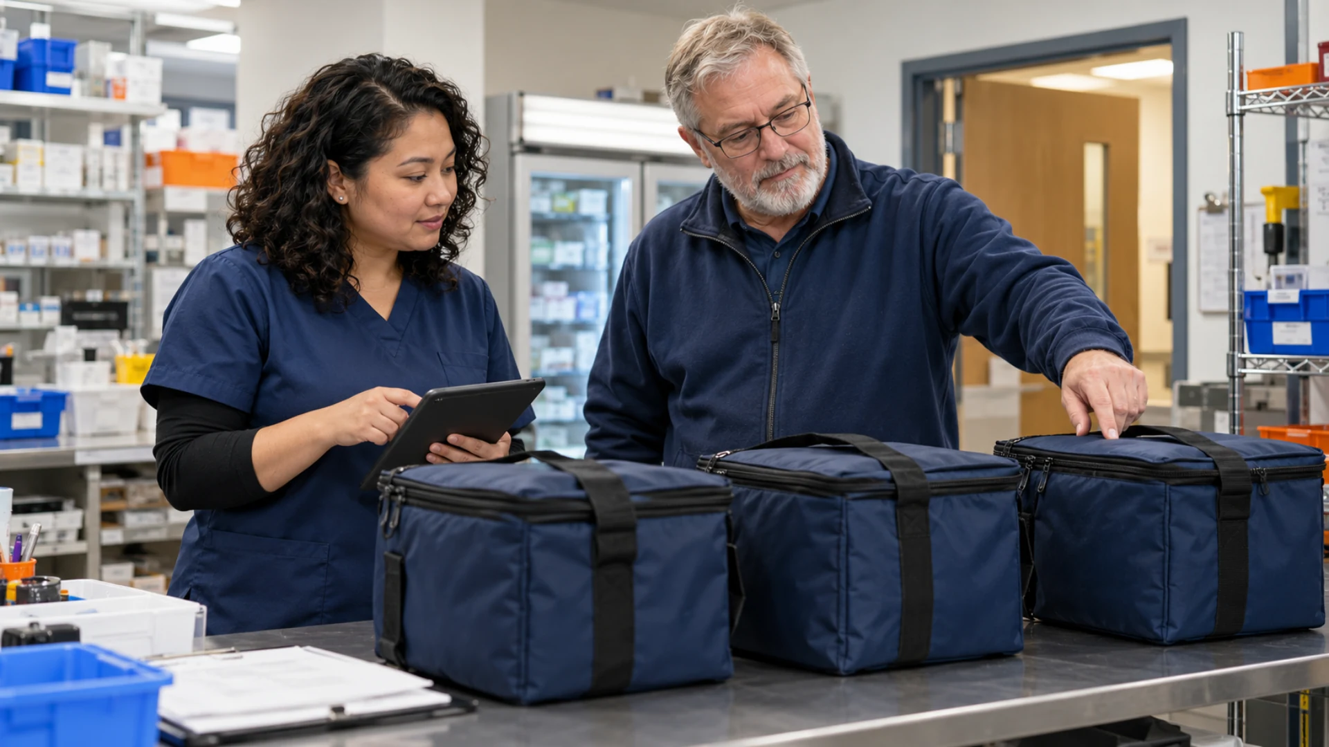 Two pharmacy staff verify three sealed transport bags against a package checklist.