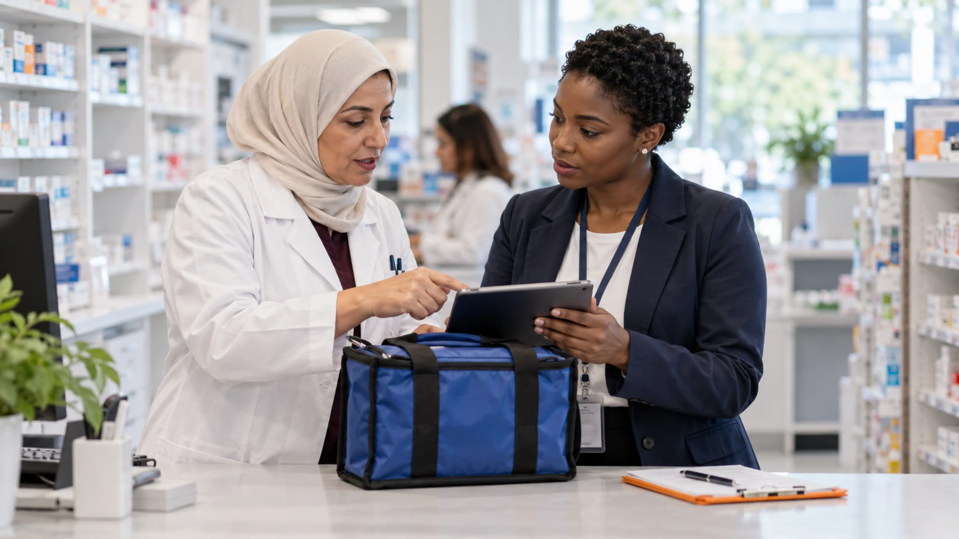 A pharmacist and delivery coordinator review recipient instructions at a pharmacy counter.