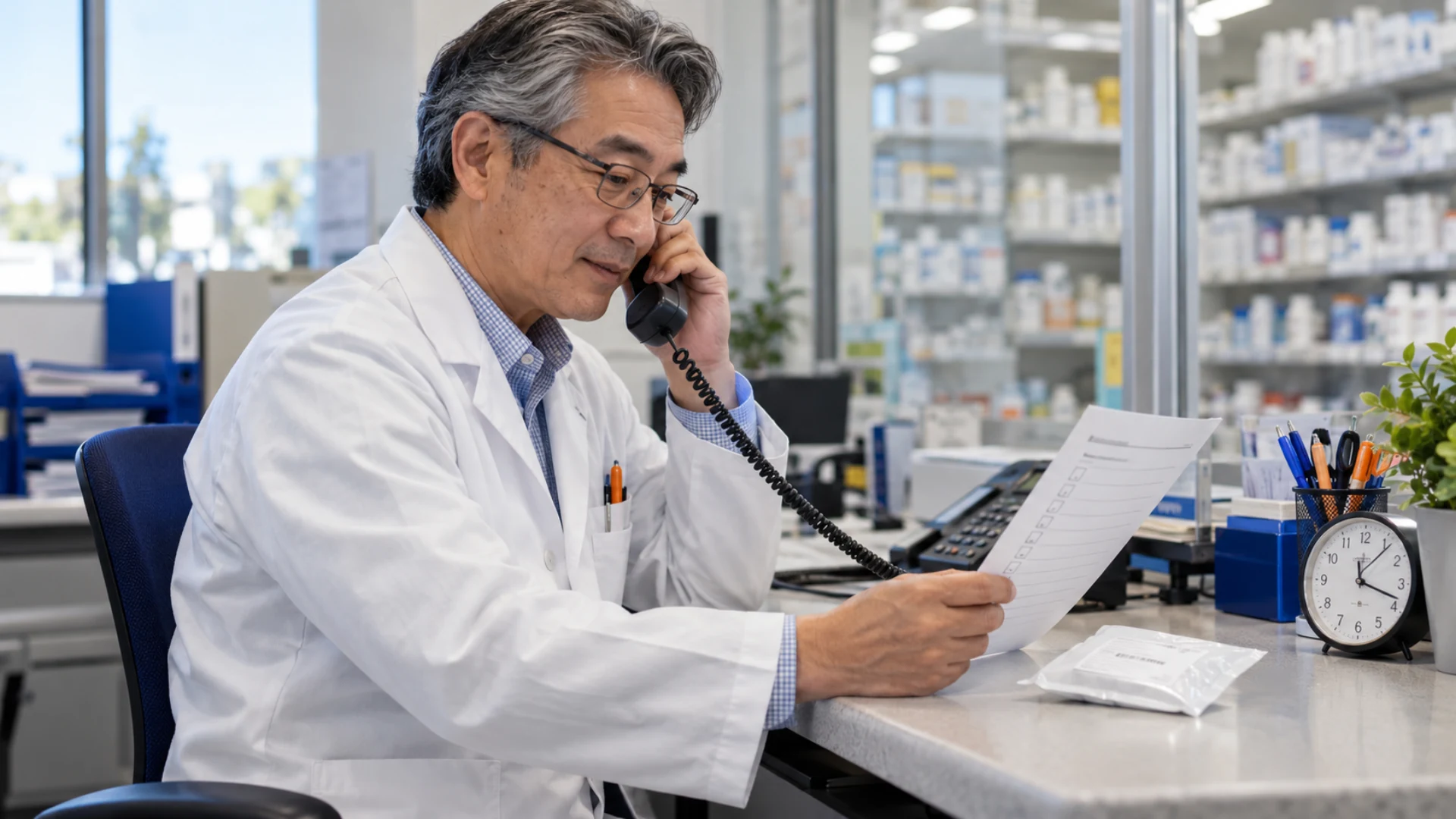 A pharmacist checks recipient instructions while making a coordination call.