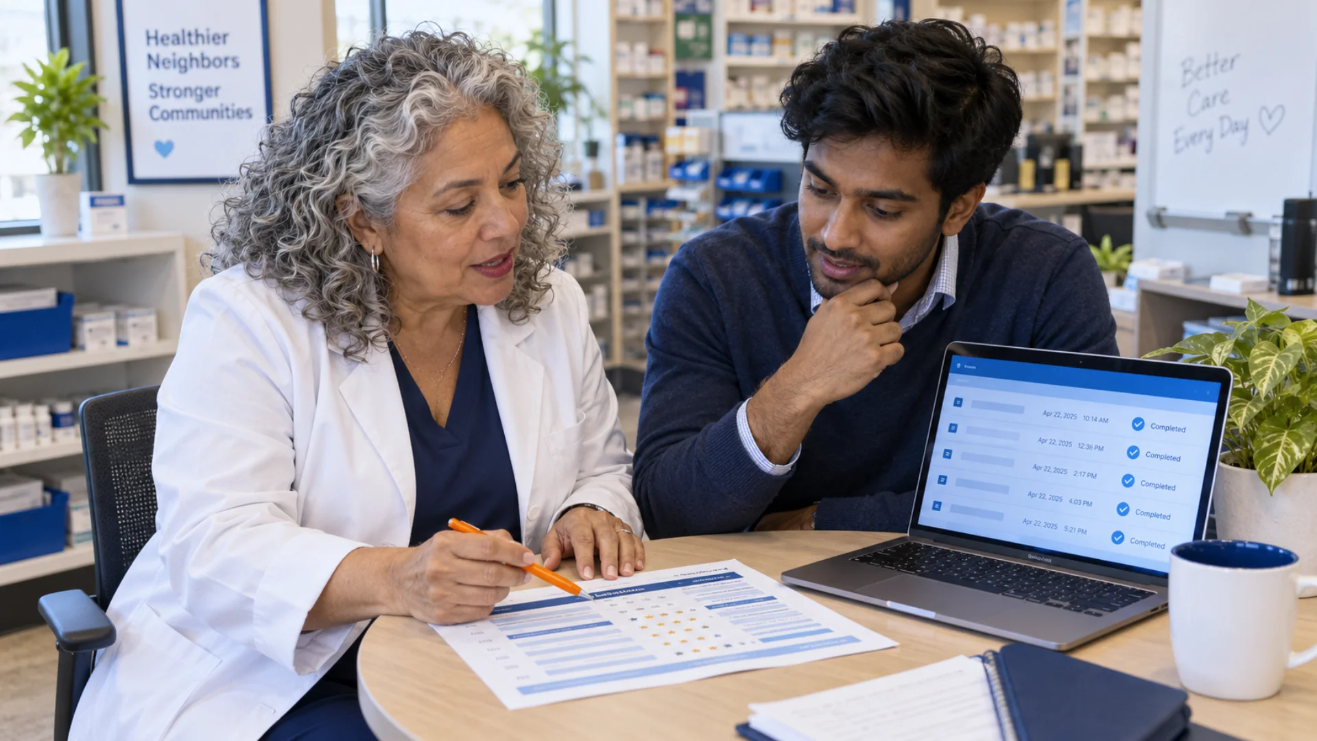 A pharmacy owner and analyst compare a courier scorecard with completion records.