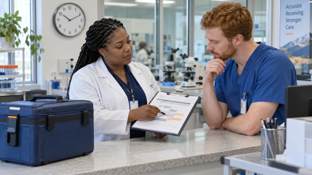 A laboratory supervisor and clinic coordinator discuss a specimen receiving timetable.