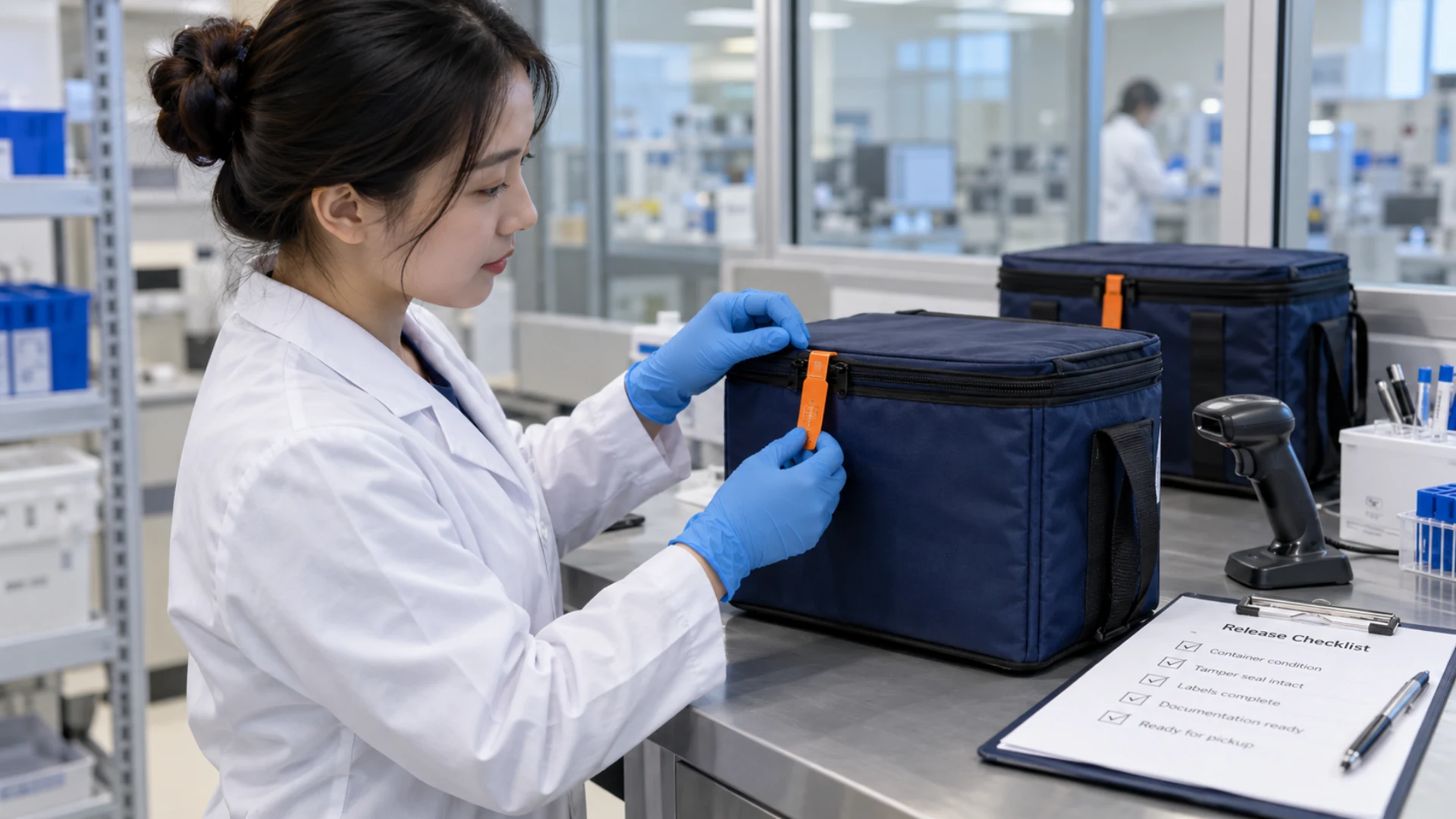 A laboratory technician checks the tamper seal on a closed transport carrier before release.