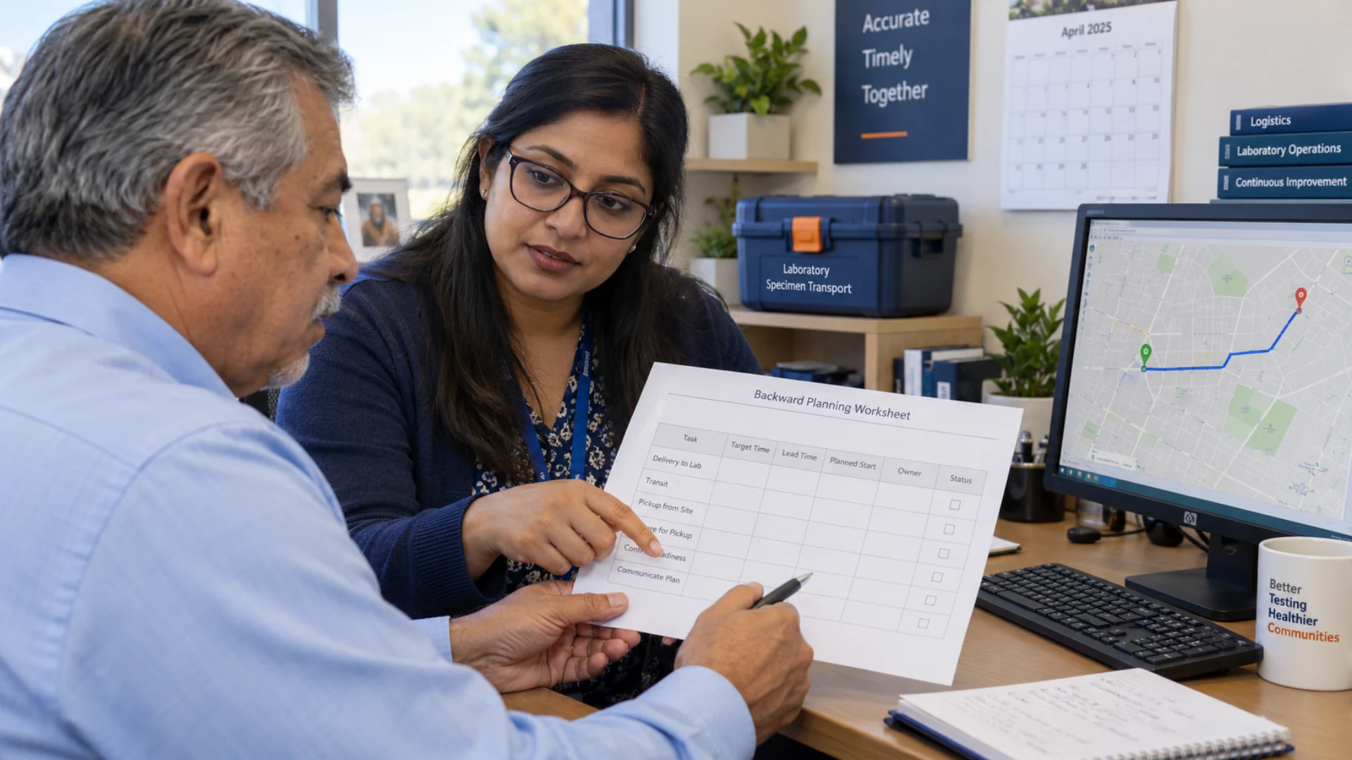 Laboratory operations staff work backward from a receiving window using a local route and planning worksheet.