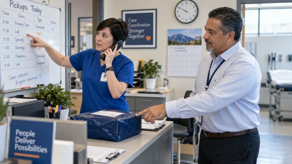 Clinic staff coordinate a time-sensitive local pickup alongside their regular schedule.