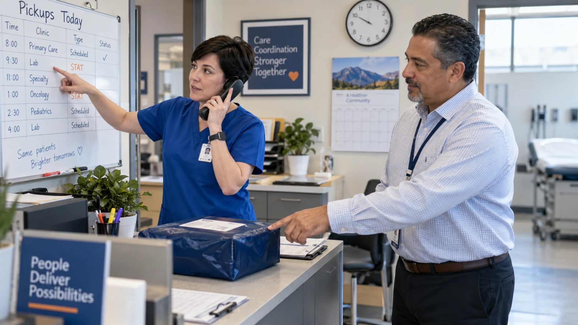 Clinic staff coordinate a time-sensitive local pickup alongside their regular schedule.