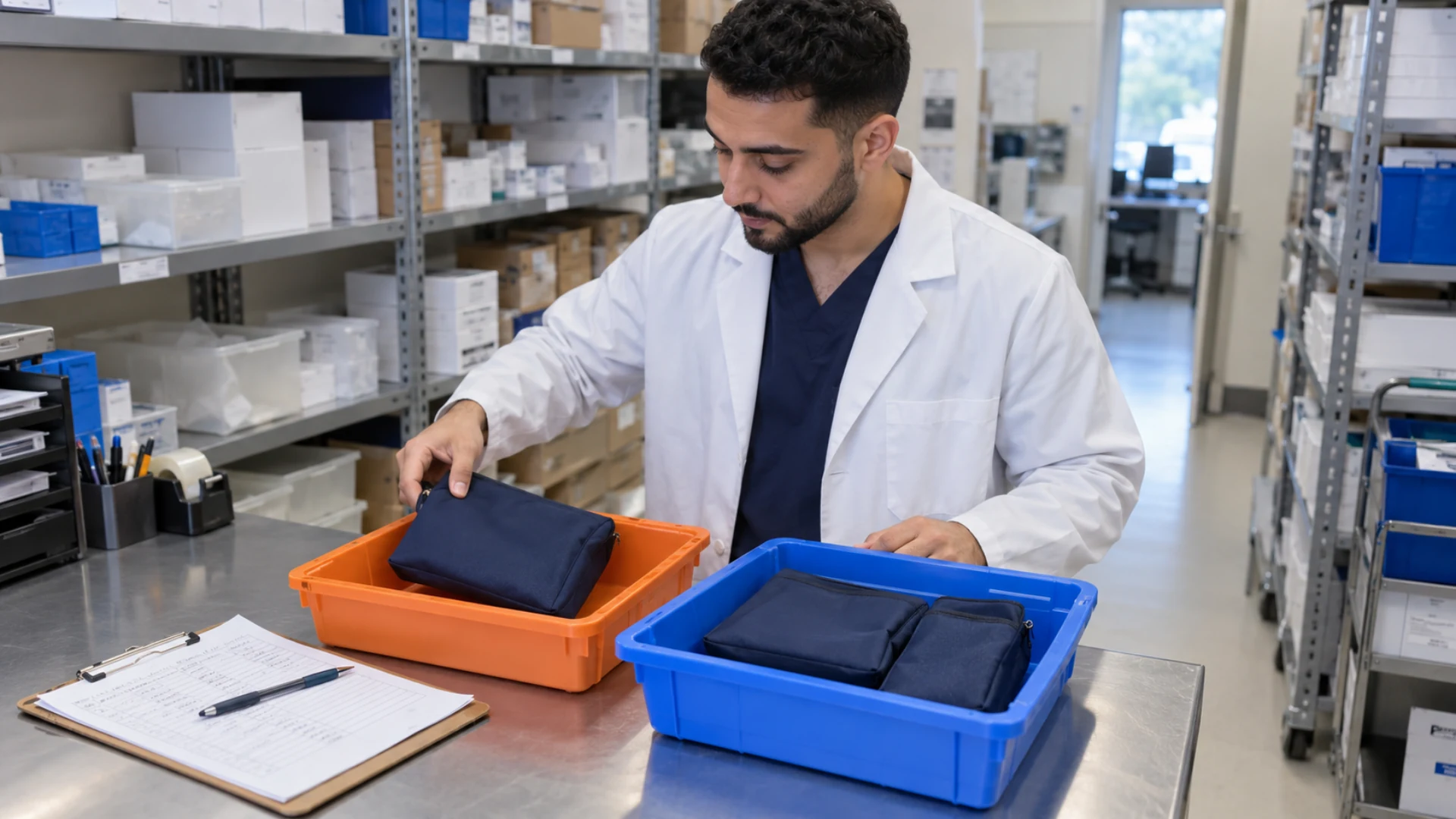 A pharmacy technician separates closed delivery pouches into two pickup groups.