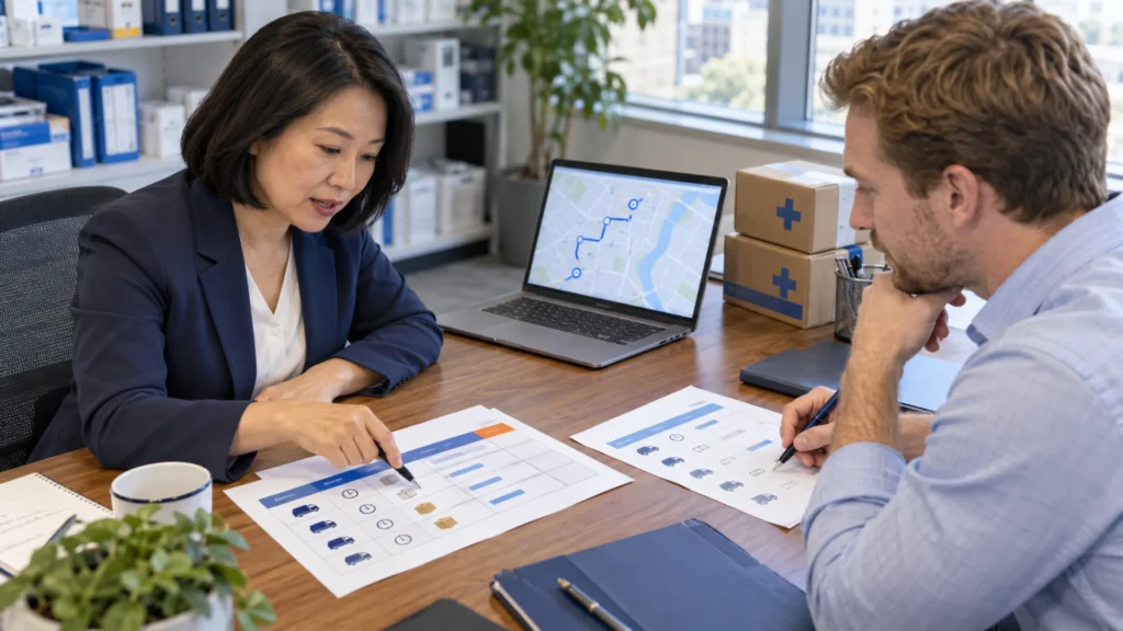Procurement staff compare courier quote details and a local delivery route.