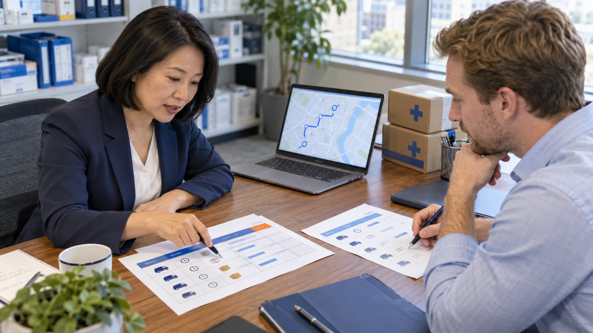 Procurement staff compare courier quote details and a local delivery route.