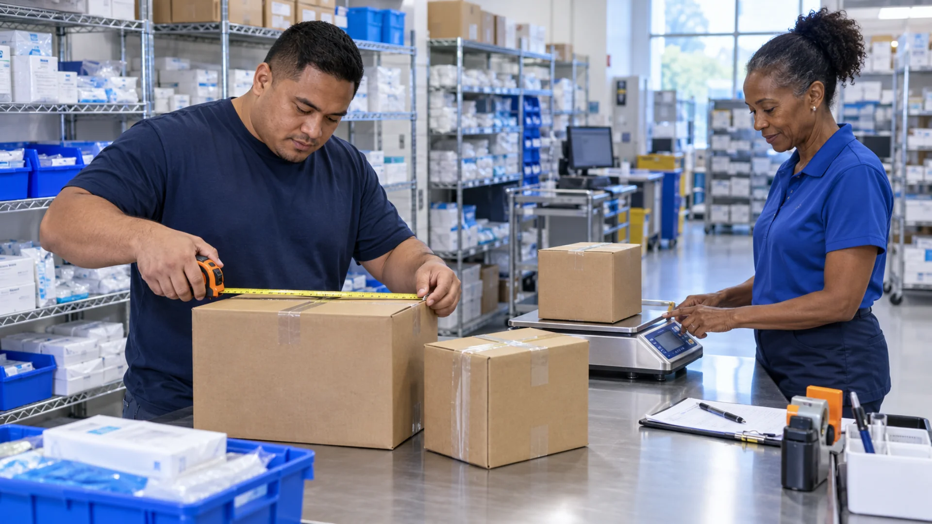 Medical supply staff measure a carton and verify its weight before requesting delivery.
