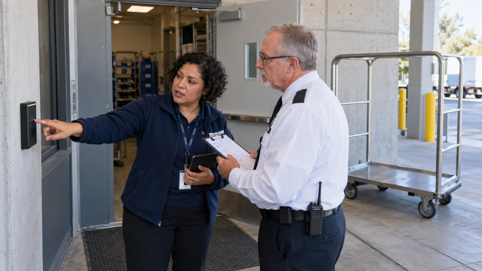 A facilities coordinator and security supervisor review access to a hospital receiving entrance.