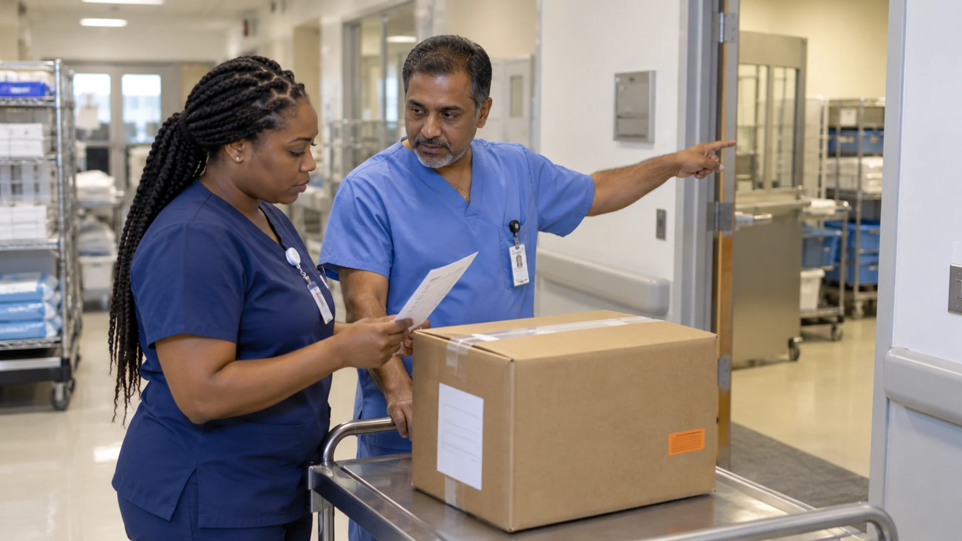 Hospital staff confirm the receiving department for a closed supply carton.