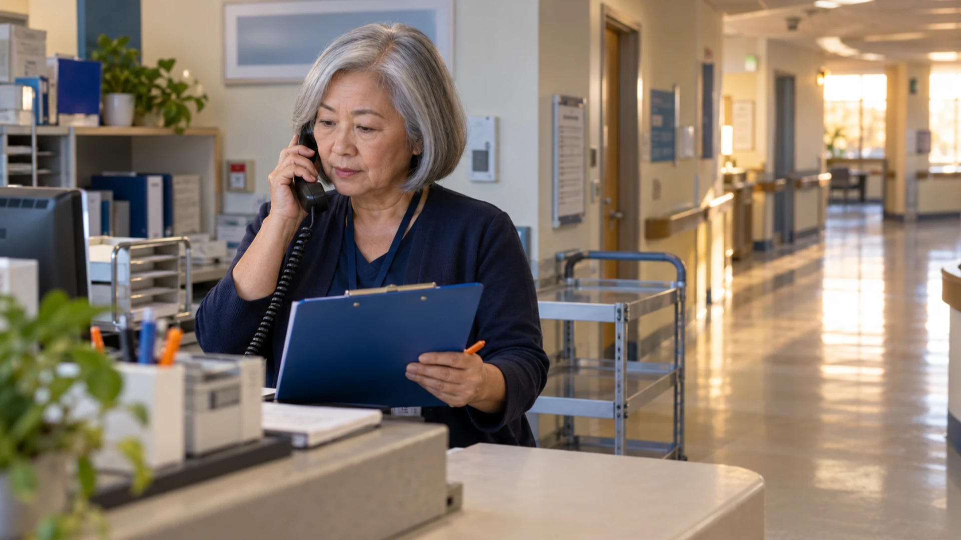 A hospital receiving clerk makes a coordination call while reviewing arrival instructions.