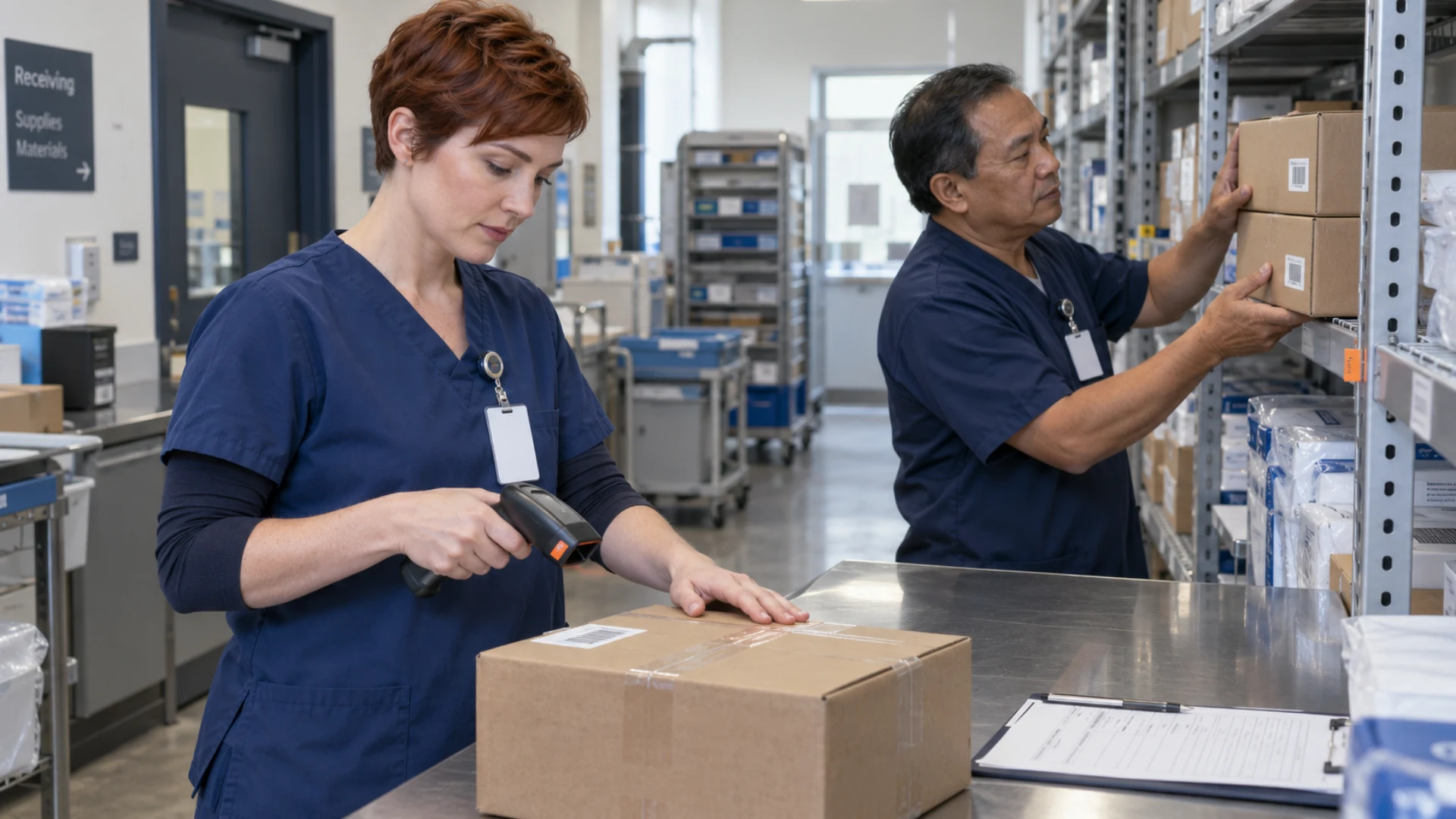 Hospital materials staff scan a carton and verify the package count at receiving.