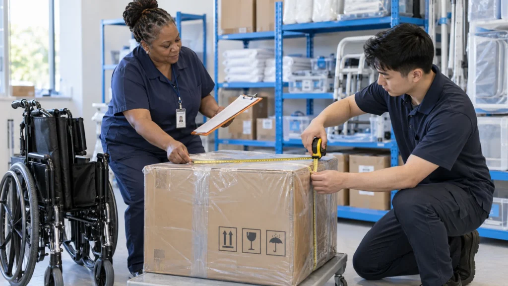 Medical supply staff measure the packaged size of equipment before arranging delivery.