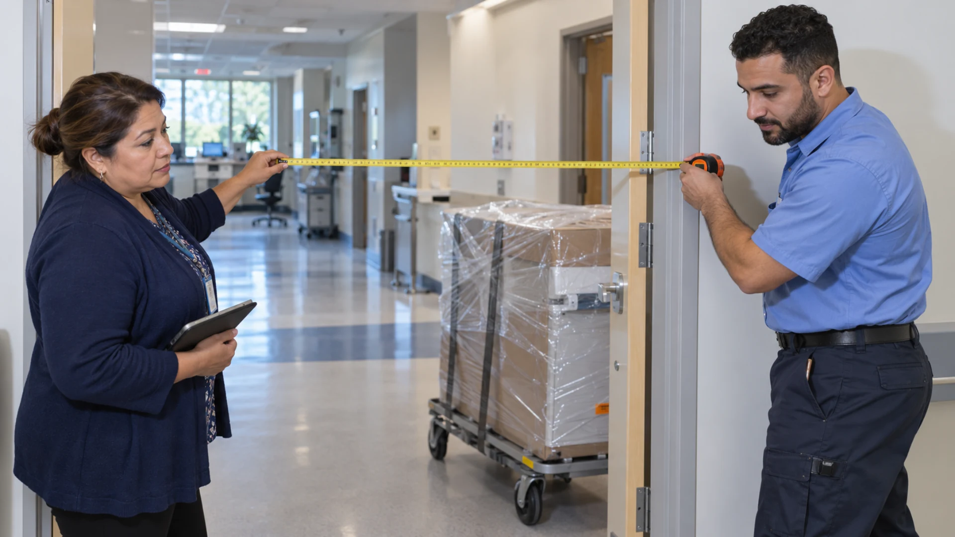 Clinic staff measure a receiving doorway to check equipment access.