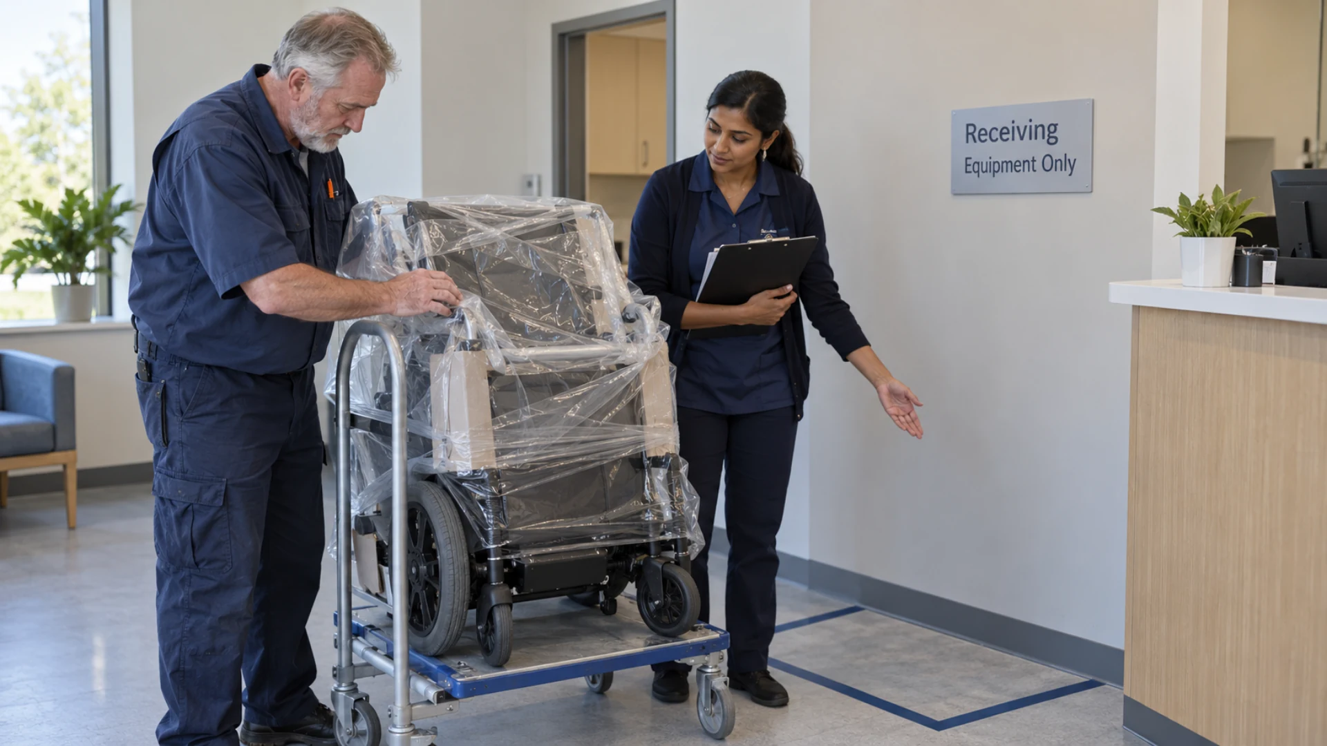 A clinic equipment manager and receptionist review the receiving plan for a wrapped mobility aid.