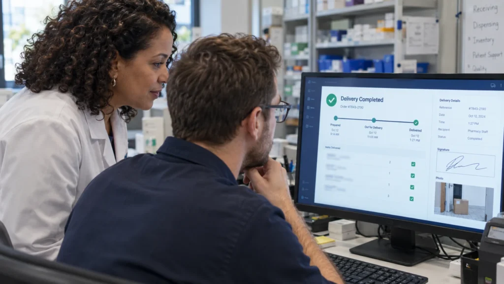 Pharmacy operations staff review a digital delivery completion record.