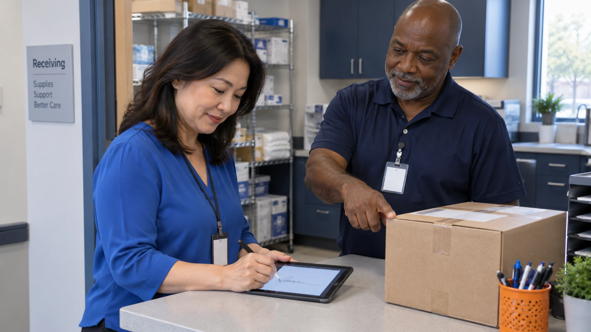 A clinic receiving coordinator signs an electronic handoff record beside a closed supply carton.