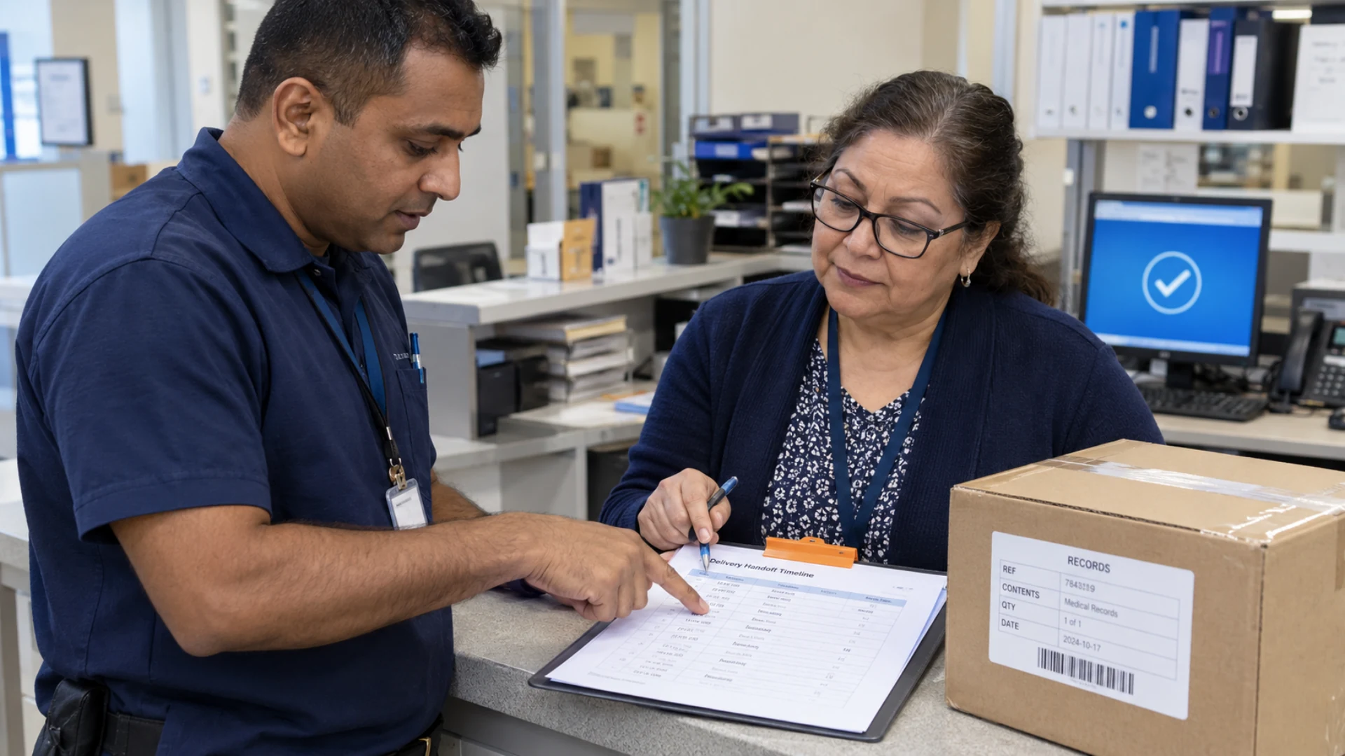 Hospital logistics staff review a delivery timeline and package reference together.
