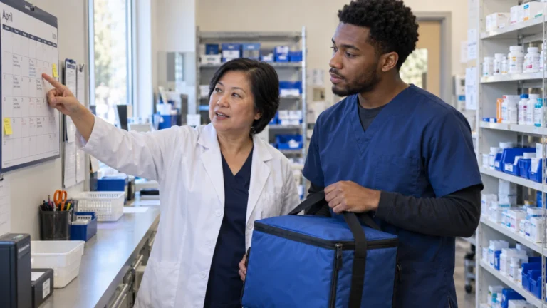 Pharmacy staff review a pickup schedule with a closed transport bag.