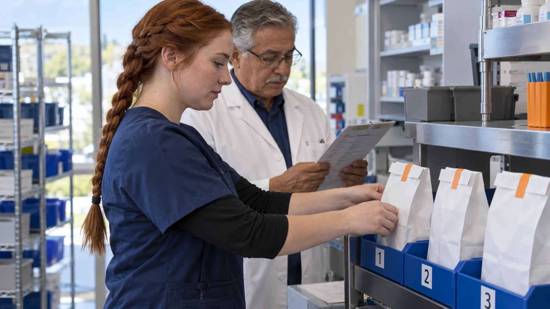 A pharmacy technician checks sealed delivery bags in a numbered staging rack.