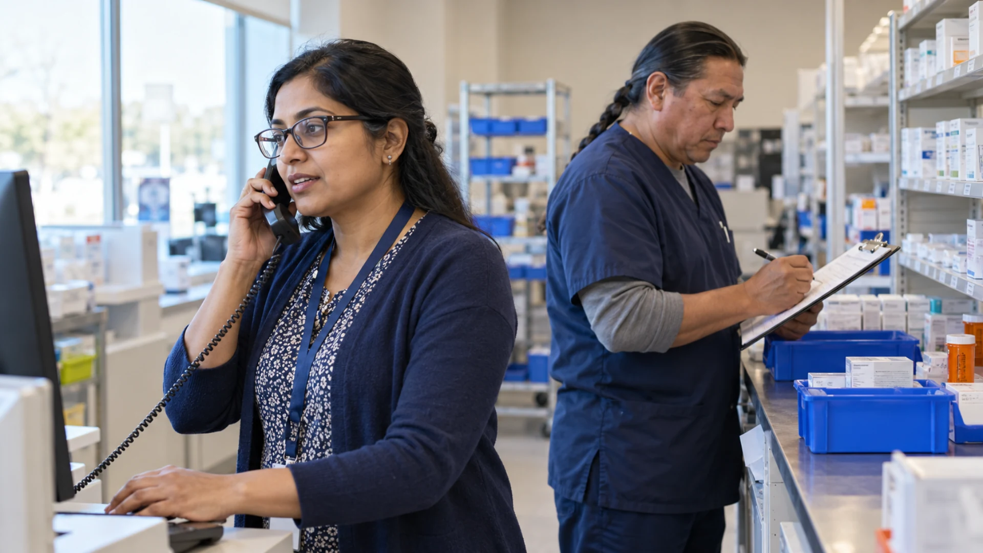 A pharmacy manager makes a coordination call while a technician verifies package readiness.