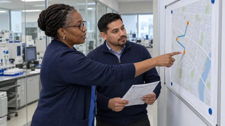 Laboratory and clinic staff compare three collection stops on a local city street map.