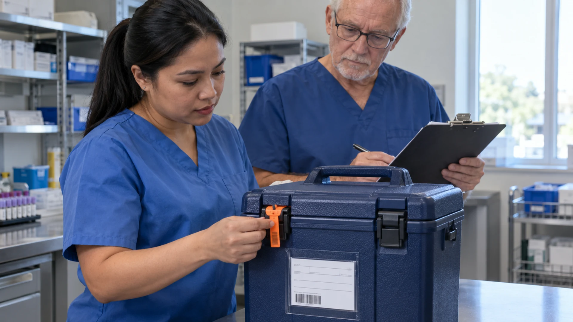 A laboratory technician checks a closed transport carrier while a supervisor verifies its reference.
