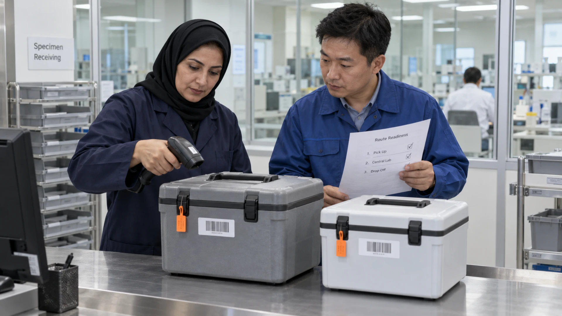 Laboratory receiving staff compare closed transport cases with a route-readiness checklist.