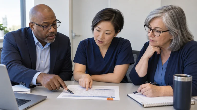 Healthcare procurement staff compare delivery-provider questions around a shared scorecard.