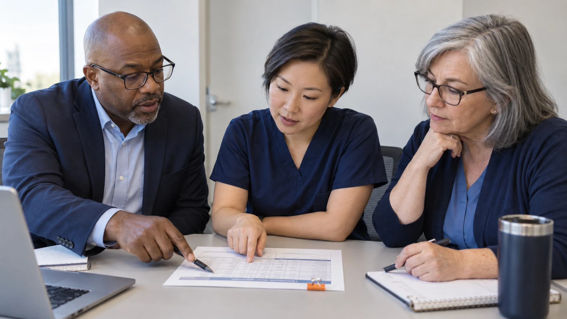 Healthcare procurement staff compare delivery-provider questions around a shared scorecard.