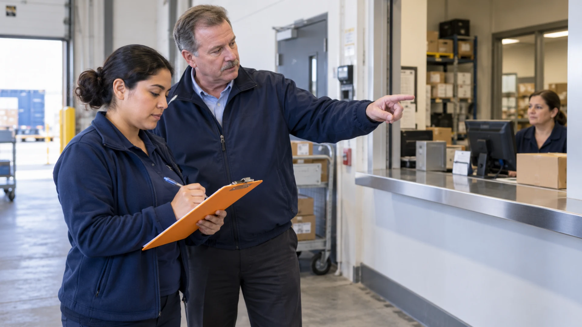 Receiving staff inspect the release point and access instructions at a healthcare loading bay.