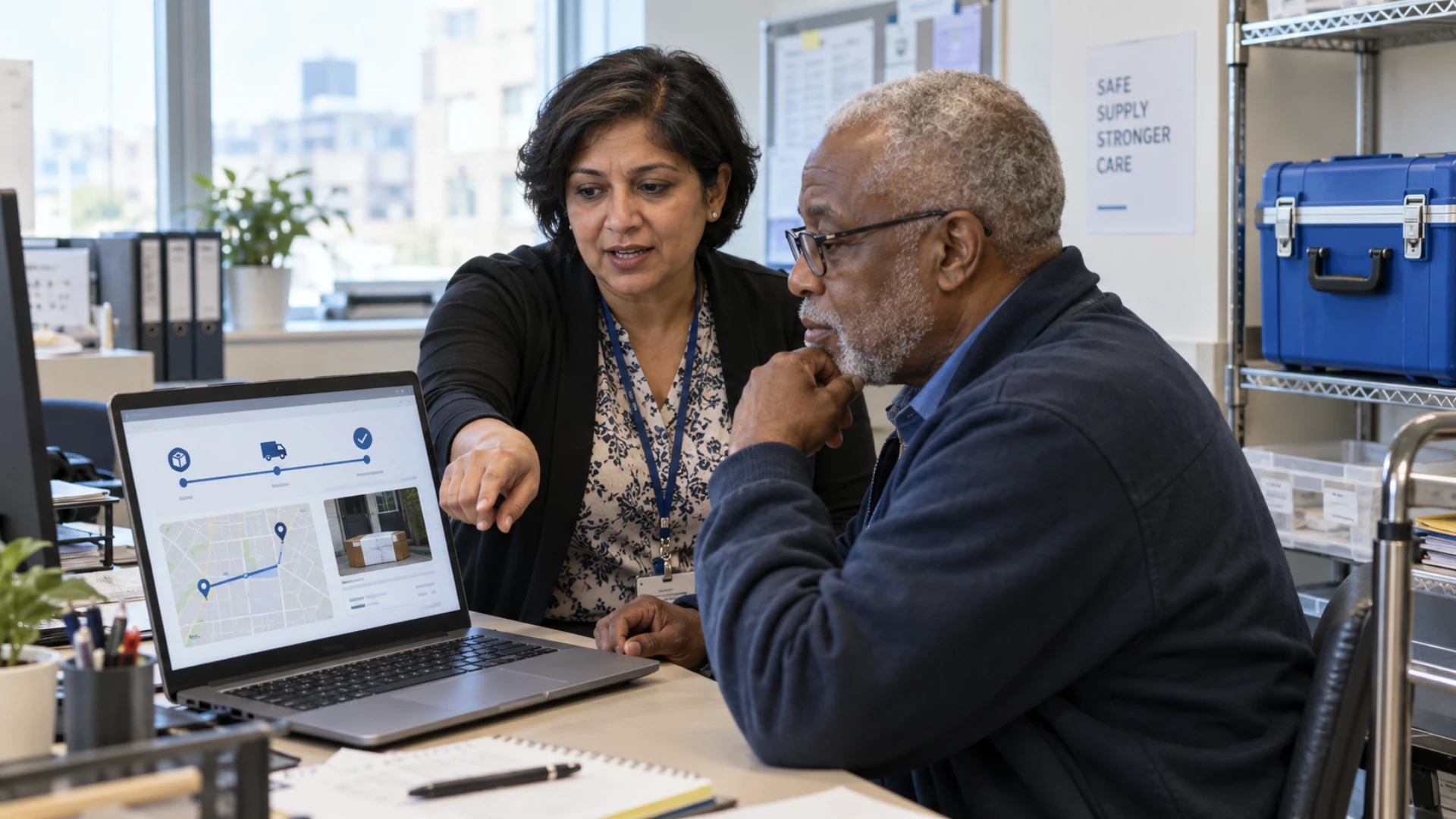 A hospital operations manager and receiving coordinator review a delivery timeline and local route.