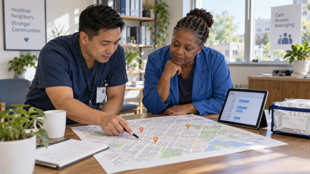 Clinic and pharmacy staff discuss nearby healthcare locations on a local city street plan.