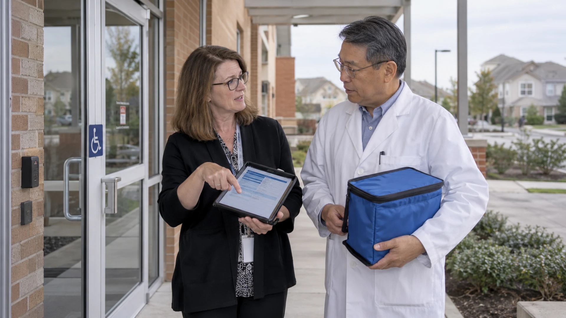 A facility manager and pharmacist review pickup access at an outpatient care-center entrance.