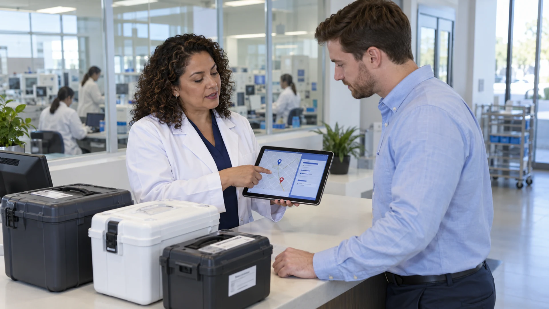 Laboratory and clinic coordinators verify local pickup and destination details on a tablet.