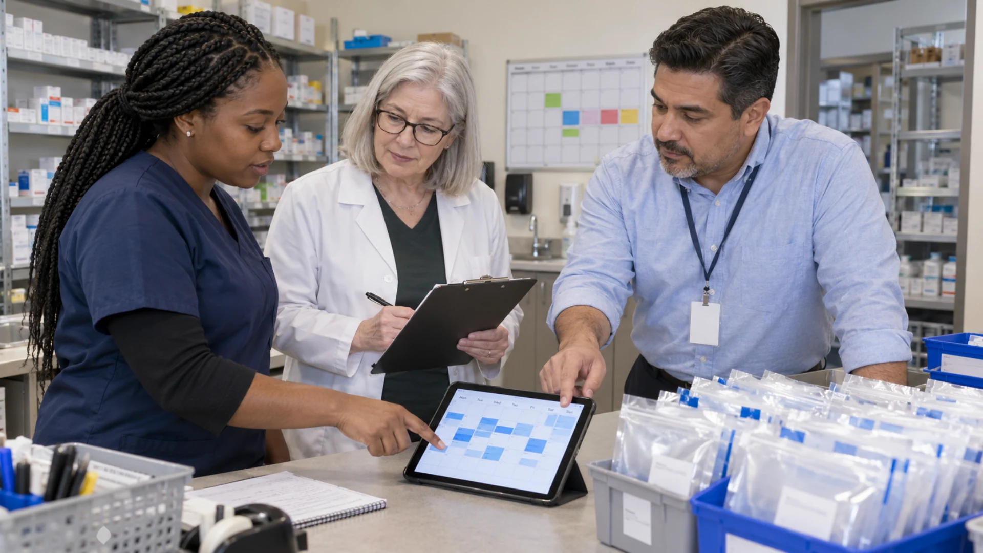 Pharmacy staff plan the first week of recurring pickups using a checklist and weekly calendar.
