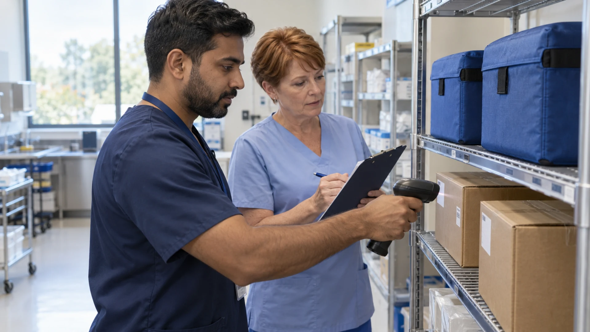 Clinic staff scan a parcel reference and confirm a pickup-ready shelf against a release checklist.