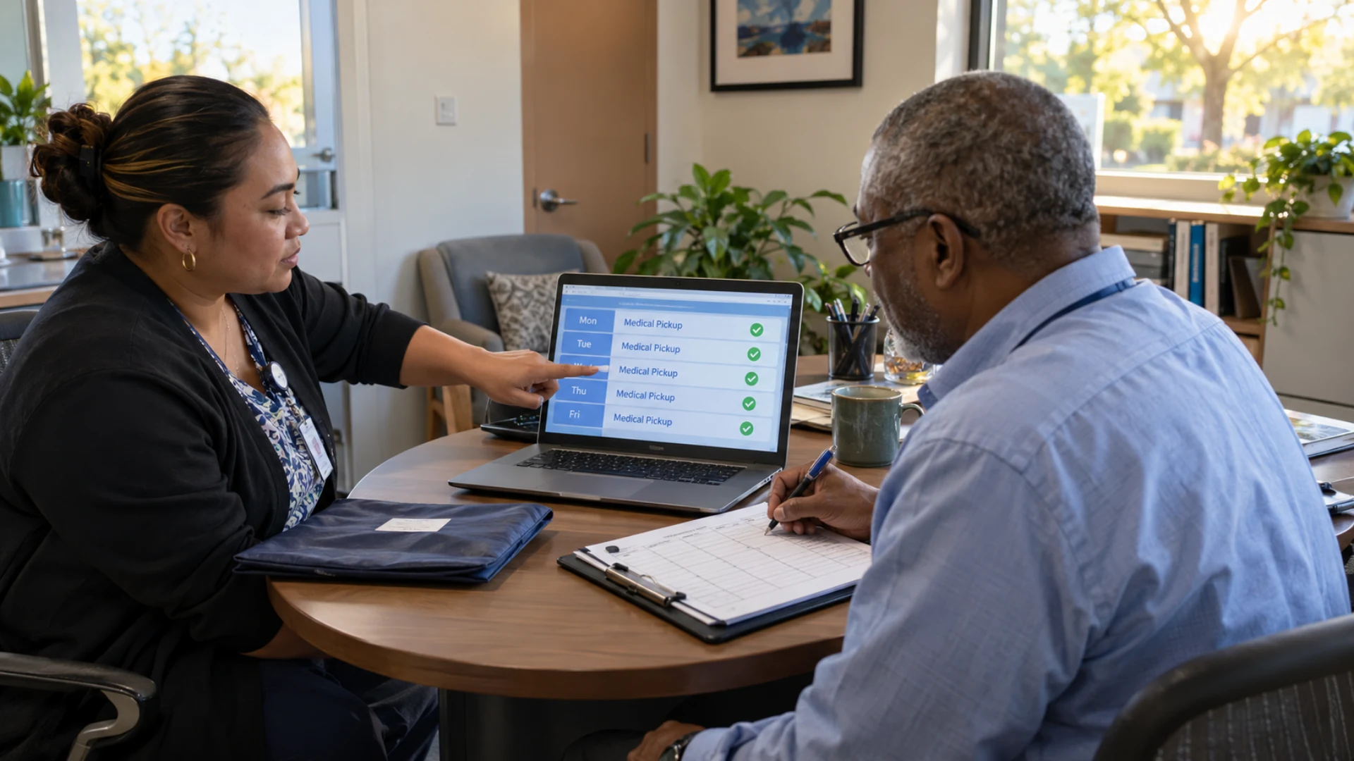 Medical office staff review completed pickup events and record first-week follow-up notes.